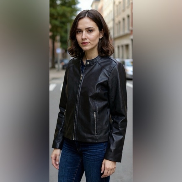 Calvin Klein Black Leather Jacket Fitted Silhouette Zippered Front - Picture 1 of 5